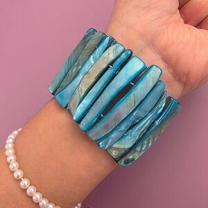 Blue Mother of Pearl Shell Stretch Bracelet Iridescent Abalone Rectangular Cuff